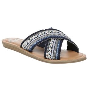 Fergalicious Sandals Blue Beaded Criss Cross Woven Slip On Open Toe Slides Sz 6